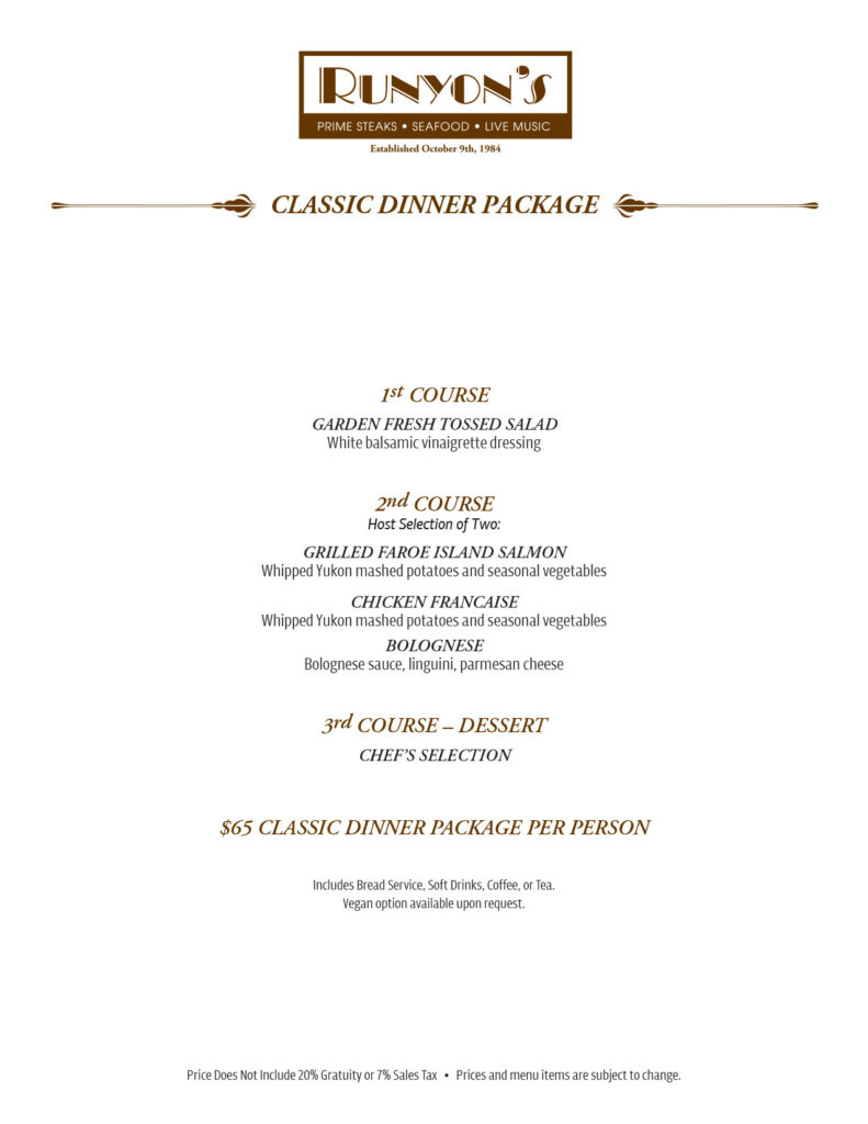 Runyon's Banquet Menu Selection