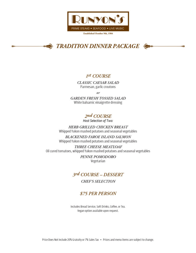 Runyon's Banquet Menu Selection