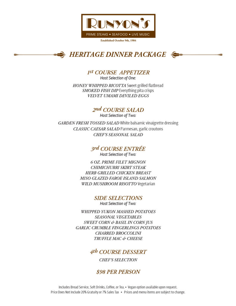 Runyon's Banquet Menu Selection