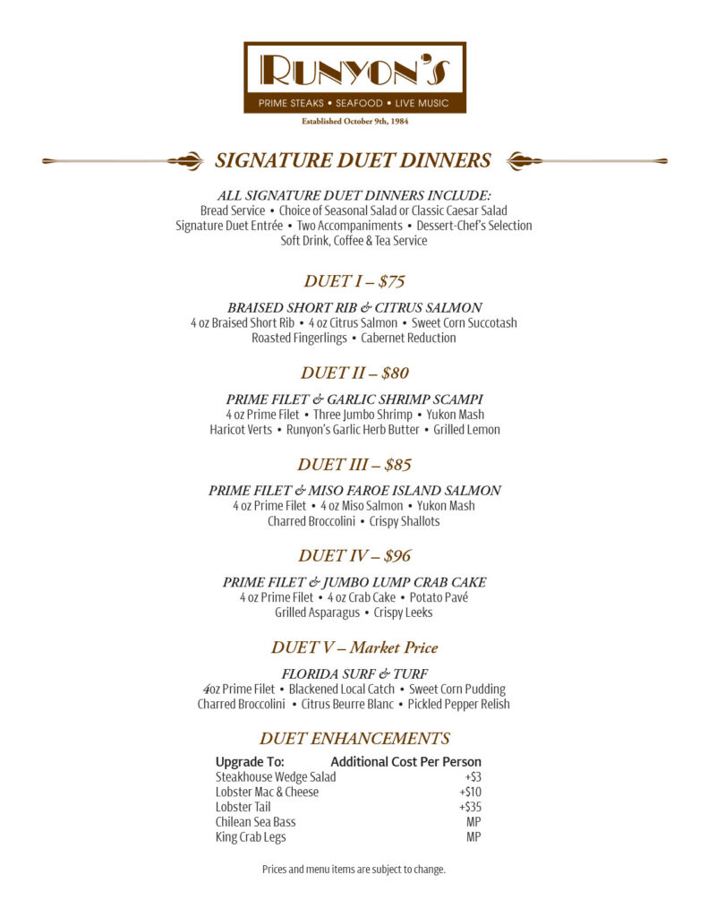 Runyon's Banquet Menu Selection